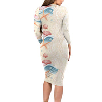 Beige Hawaii Lei Seashells Starfish Long Sleeve Bodycon Dress Sandy Sylized - Polynesian Pride