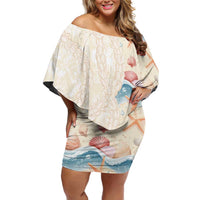 Beige Hawaii Lei Seashells Starfish Off Shoulder Short Dress Sandy Sylized - Polynesian Pride