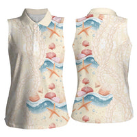 Beige Hawaii Lei Seashells Starfish Women Sleeveless Polo Shirt Sandy Sylized - Polynesian Pride