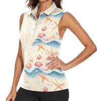 Beige Hawaii Lei Seashells Starfish Women Sleeveless Polo Shirt Sandy Sylized - Polynesian Pride