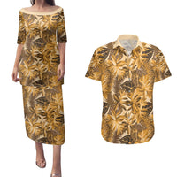 Hawaii Gold Tropical Leaves Couples Matching Puletasi and Hawaiian Shirt - Polynesian Pride
