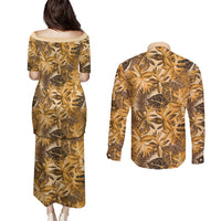 Hawaii Gold Tropical Leaves Couples Matching Puletasi and Long Sleeve Button Shirt - Polynesian Pride
