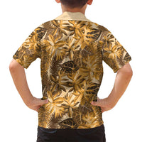 Hawaii Gold Tropical Leaves Family Matching Long Sleeve Bodycon Dress and Hawaiian Shirt - Polynesian Pride