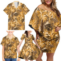 Hawaii Gold Tropical Leaves Family Matching Off Shoulder Short Dress and Hawaiian Shirt - Polynesian Pride