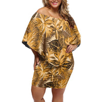 Hawaii Gold Tropical Leaves Family Matching Off Shoulder Short Dress and Hawaiian Shirt - Polynesian Pride