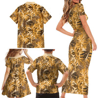 Hawaii Gold Tropical Leaves Family Matching Short Sleeve Bodycon Dress and Hawaiian Shirt - Polynesian Pride