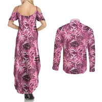 Hawaii Pink Tropical Leaves Couples Matching Summer Maxi Dress and Long Sleeve Button Shirt - Polynesian Pride