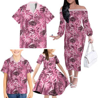 Hawaii Pink Tropical Leaves Family Matching Off The Shoulder Long Sleeve Dress and Hawaiian Shirt LT01 - Polynesian Pride