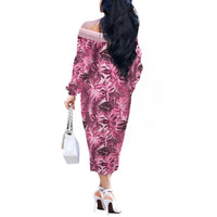 Hawaii Pink Tropical Leaves Off The Shoulder Long Sleeve Dress - Polynesian Pride