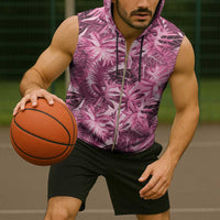 Hawaii Pink Tropical Leaves Sleeveless Zip Hoodie - Polynesian Pride