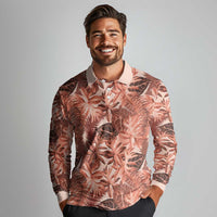 Hawaii Red Brown Tropical Leaves Long Sleeve Polo Shirt - Polynesian Pride