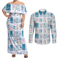 Hawaii Coastal Summer Postcard Couples Matching Off Shoulder Maxi Dress and Long Sleeve Button Shirt