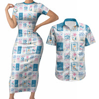 Hawaii Coastal Summer Postcard Couples Matching Short Sleeve Bodycon Dress and Hawaiian Shirt