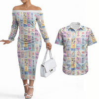 Aloha Summer Posters Grunge Textures Couples Matching Off The Shoulder Long Sleeve Dress and Hawaiian Shirt
