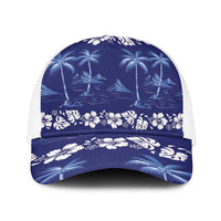 Blue Hawaii Palm Tree Hibiscus Baseball Net Cap Fantasy Summer Vibe LT01 One Size White Blue - Polynesian Pride