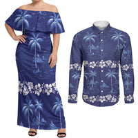 Blue Hawaii Palm Tree Hibiscus Couples Matching Off Shoulder Maxi Dress and Long Sleeve Button Shirt Fantasy Summer Vibe LT01 Blue - Polynesian Pride