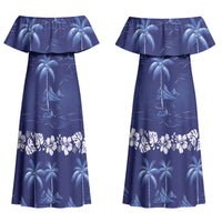 Blue Hawaii Palm Tree Hibiscus Couples Matching Off Shoulder Maxi Dress and Long Sleeve Button Shirt Fantasy Summer Vibe LT01 - Polynesian Pride