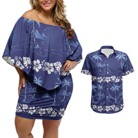 Blue Hawaii Palm Tree Hibiscus Couples Matching Off Shoulder Short Dress and Hawaiian Shirt Fantasy Summer Vibe LT01 Blue - Polynesian Pride