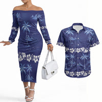Blue Hawaii Palm Tree Hibiscus Couples Matching Off The Shoulder Long Sleeve Dress and Hawaiian Shirt Fantasy Summer Vibe LT01 Blue - Polynesian Pride