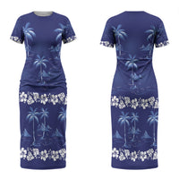Blue Hawaii Palm Tree Hibiscus Couples Matching Short Sleeve Bodycon Dress and Long Sleeve Button Shirt Fantasy Summer Vibe LT01 - Polynesian Pride