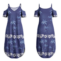 Blue Hawaii Palm Tree Hibiscus Couples Matching Summer Maxi Dress and Long Sleeve Button Shirt Fantasy Summer Vibe LT01 - Polynesian Pride