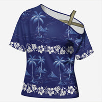 Blue Hawaii Palm Tree Hibiscus Cross Shoulder Shirt Fantasy Summer Vibe LT01 Female Blue - Polynesian Pride