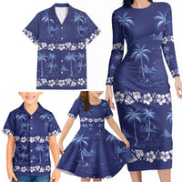 Blue Hawaii Palm Tree Hibiscus Family Matching Long Sleeve Bodycon Dress and Hawaiian Shirt Fantasy Summer Vibe LT01 - Polynesian Pride