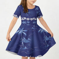 Blue Hawaii Palm Tree Hibiscus Kid Short Sleeve Dress Fantasy Summer Vibe LT01 KID Blue - Polynesian Pride