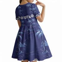 Blue Hawaii Palm Tree Hibiscus Kid Short Sleeve Dress Fantasy Summer Vibe LT01 - Polynesian Pride