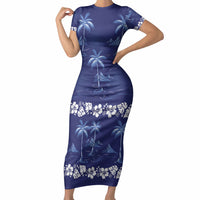 Blue Hawaii Palm Tree Hibiscus Short Sleeve Bodycon Dress Fantasy Summer Vibe LT01 Long Dress Blue - Polynesian Pride