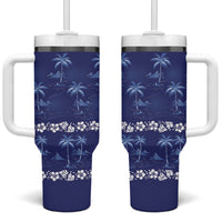 Blue Hawaii Palm Tree Hibiscus Tumbler With Handle Fantasy Summer Vibe LT01 One Size: 40 oz Blue - Polynesian Pride