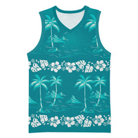 Cyan Hawaii Palm Tree Hibiscus Basketball Jersey Fantasy Summer Vibe LT01 Unisex Cyan - Polynesian Pride