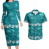 Cyan Hawaii Palm Tree Hibiscus Couples Matching Long Sleeve Bodycon Dress and Hawaiian Shirt Fantasy Summer Vibe LT01 Cyan - Polynesian Pride