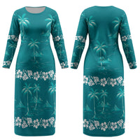 Cyan Hawaii Palm Tree Hibiscus Couples Matching Long Sleeve Bodycon Dress and Long Sleeve Button Shirt Fantasy Summer Vibe LT01 - Polynesian Pride