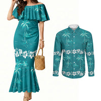 Cyan Hawaii Palm Tree Hibiscus Couples Matching Mermaid Dress and Long Sleeve Button Shirt Fantasy Summer Vibe LT01 Cyan - Polynesian Pride