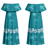 Cyan Hawaii Palm Tree Hibiscus Couples Matching Off Shoulder Maxi Dress and Long Sleeve Button Shirt Fantasy Summer Vibe LT01 - Polynesian Pride