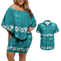 Cyan Hawaii Palm Tree Hibiscus Couples Matching Off Shoulder Short Dress and Hawaiian Shirt Fantasy Summer Vibe LT01 Cyan - Polynesian Pride