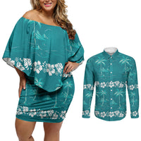 Cyan Hawaii Palm Tree Hibiscus Couples Matching Off Shoulder Short Dress and Long Sleeve Button Shirt Fantasy Summer Vibe LT01 Cyan - Polynesian Pride