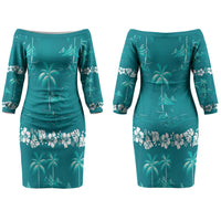 Cyan Hawaii Palm Tree Hibiscus Couples Matching Off The Shoulder Long Sleeve Dress and Hawaiian Shirt Fantasy Summer Vibe LT01 - Polynesian Pride