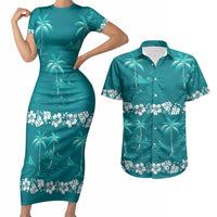 Cyan Hawaii Palm Tree Hibiscus Couples Matching Short Sleeve Bodycon Dress and Hawaiian Shirt Fantasy Summer Vibe LT01 Cyan - Polynesian Pride