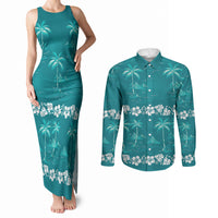 Cyan Hawaii Palm Tree Hibiscus Couples Matching Tank Maxi Dress and Long Sleeve Button Shirt Fantasy Summer Vibe LT01 Cyan - Polynesian Pride