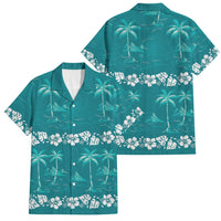 Cyan Hawaii Palm Tree Hibiscus Family Matching Long Sleeve Bodycon Dress and Hawaiian Shirt Fantasy Summer Vibe LT01 Dad's Shirt - Short Sleeve Cyan - Polynesian Pride