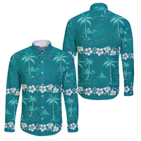 Cyan Hawaii Palm Tree Hibiscus Family Matching Long Sleeve Bodycon Dress and Hawaiian Shirt Fantasy Summer Vibe LT01 Dad's Shirt - Long Sleeve Cyan - Polynesian Pride