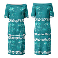 Cyan Hawaii Palm Tree Hibiscus Family Matching Puletasi and Hawaiian Shirt Fantasy Summer Vibe LT01 Mom's Dress Cyan - Polynesian Pride