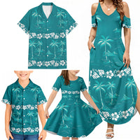 Cyan Hawaii Palm Tree Hibiscus Family Matching Summer Maxi Dress and Hawaiian Shirt Fantasy Summer Vibe LT01 - Polynesian Pride