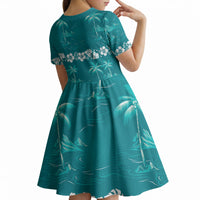 Cyan Hawaii Palm Tree Hibiscus Kid Short Sleeve Dress Fantasy Summer Vibe LT01 - Polynesian Pride