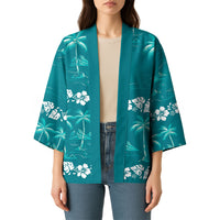 Cyan Hawaii Palm Tree Hibiscus Kimono Fantasy Summer Vibe LT01 - Polynesian Pride