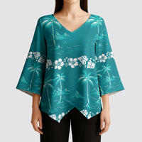 Cyan Hawaii Palm Tree Hibiscus Kimono Sleeve Blouse Fantasy Summer Vibe LT01 - Polynesian Pride