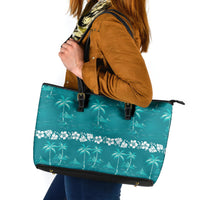 Cyan Hawaii Palm Tree Hibiscus Leather Tote Bag Fantasy Summer Vibe LT01 Cyan - Polynesian Pride