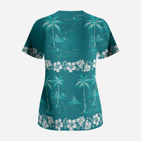 Cyan Hawaii Palm Tree Hibiscus Scrub Top Fantasy Summer Vibe LT01 - Polynesian Pride